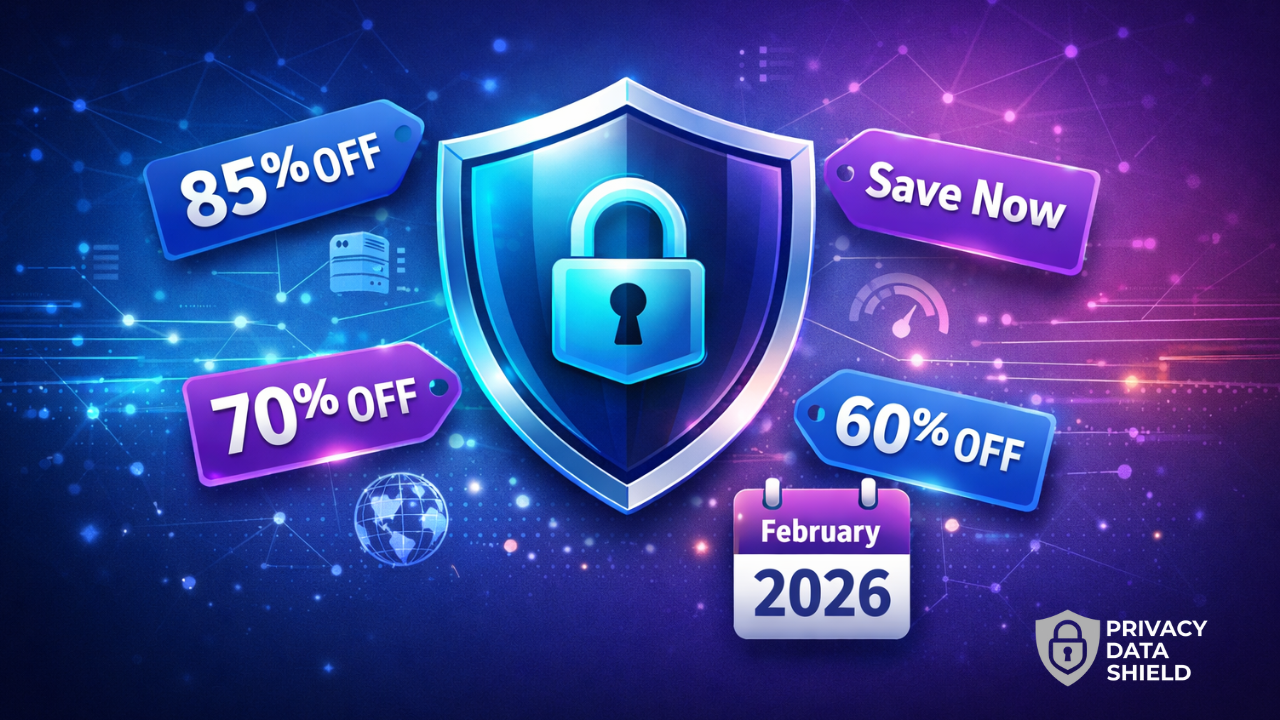 VPN deals and discounts for February 2026 with security shield icon and price tags showing major savings