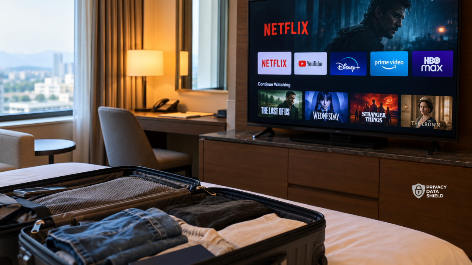 treaming app home screen on a hotel room TV beside an open suitcase.