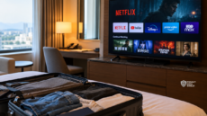 treaming app home screen on a hotel room TV beside an open suitcase.